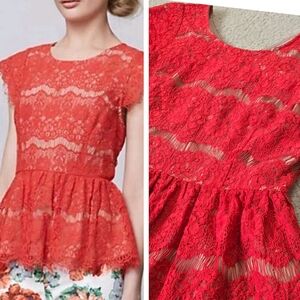Maeve Anthropologie Katrine Lace Cap Sleeve Peplum Top Blouse Size Small